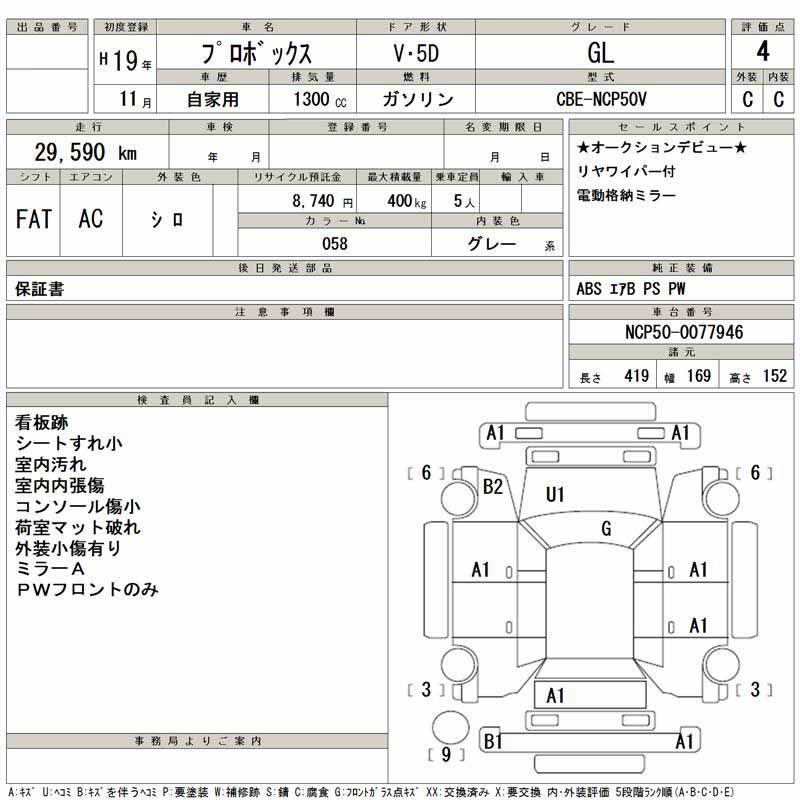 Auction Sheet of JapaneseToyota Probox
