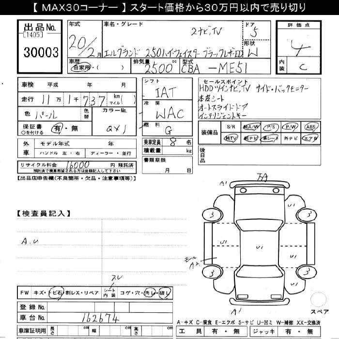 Auction Sheet of Used Nissan Elgrand